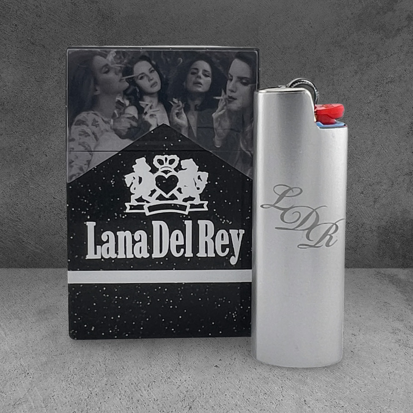 Lana Del Rey Cigarette Case - Black and White- Black Glitter Plastic - Marlboro-Inspired Logo and Collage